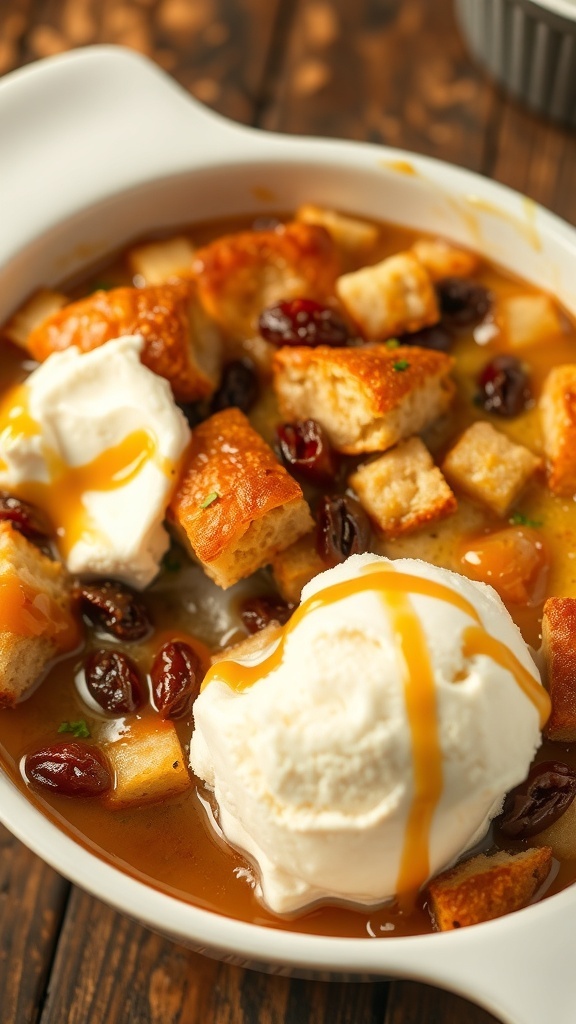 Rich Bread Pudding with Heavy Cream A warm bread pudding with caramel sauce and vanilla ice cream on a rustic table.